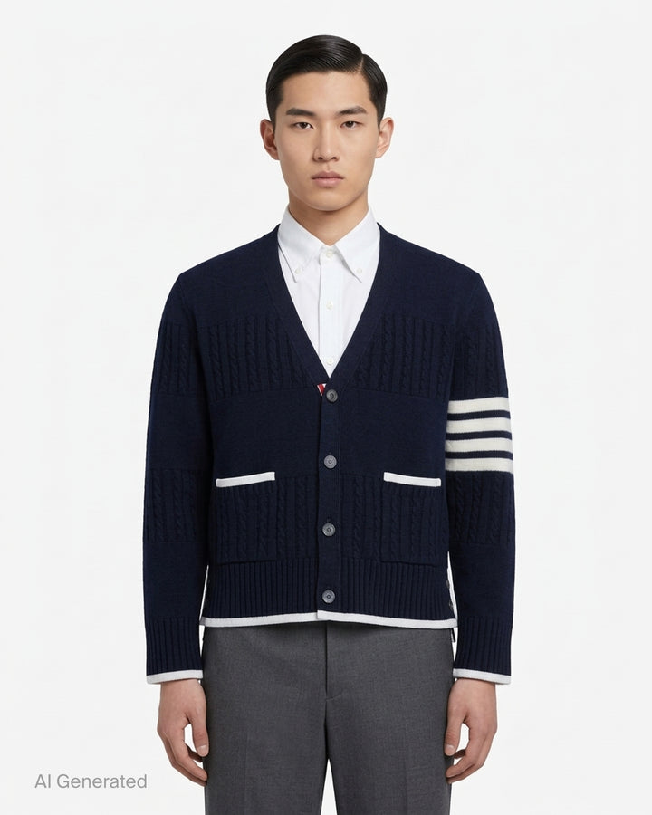 Thom Browne navy V-neck cardigan with cable and Milano stitch panels, white grosgrain trim and signature 4-bar stripe on the sleeve - front