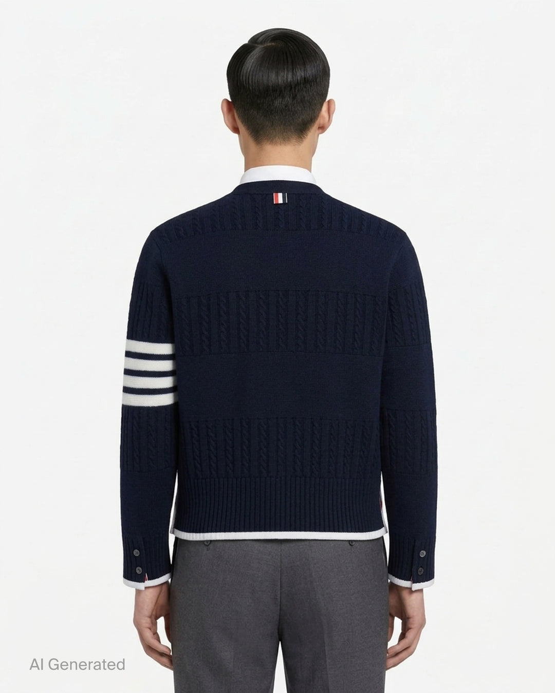 Thom Browne navy V-neck cardigan with cable and Milano stitch panels, white grosgrain trim and signature 4-bar stripe on the sleeve - back