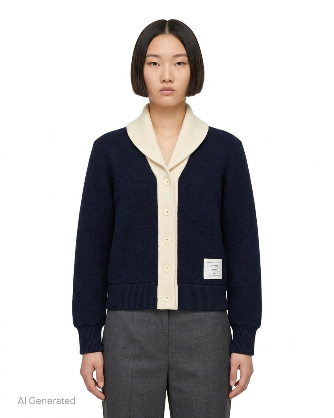 Thom Browne navy wool cardigan jacket with cream ribbed shawl collar, contrast button placket and woven label at the hem - front