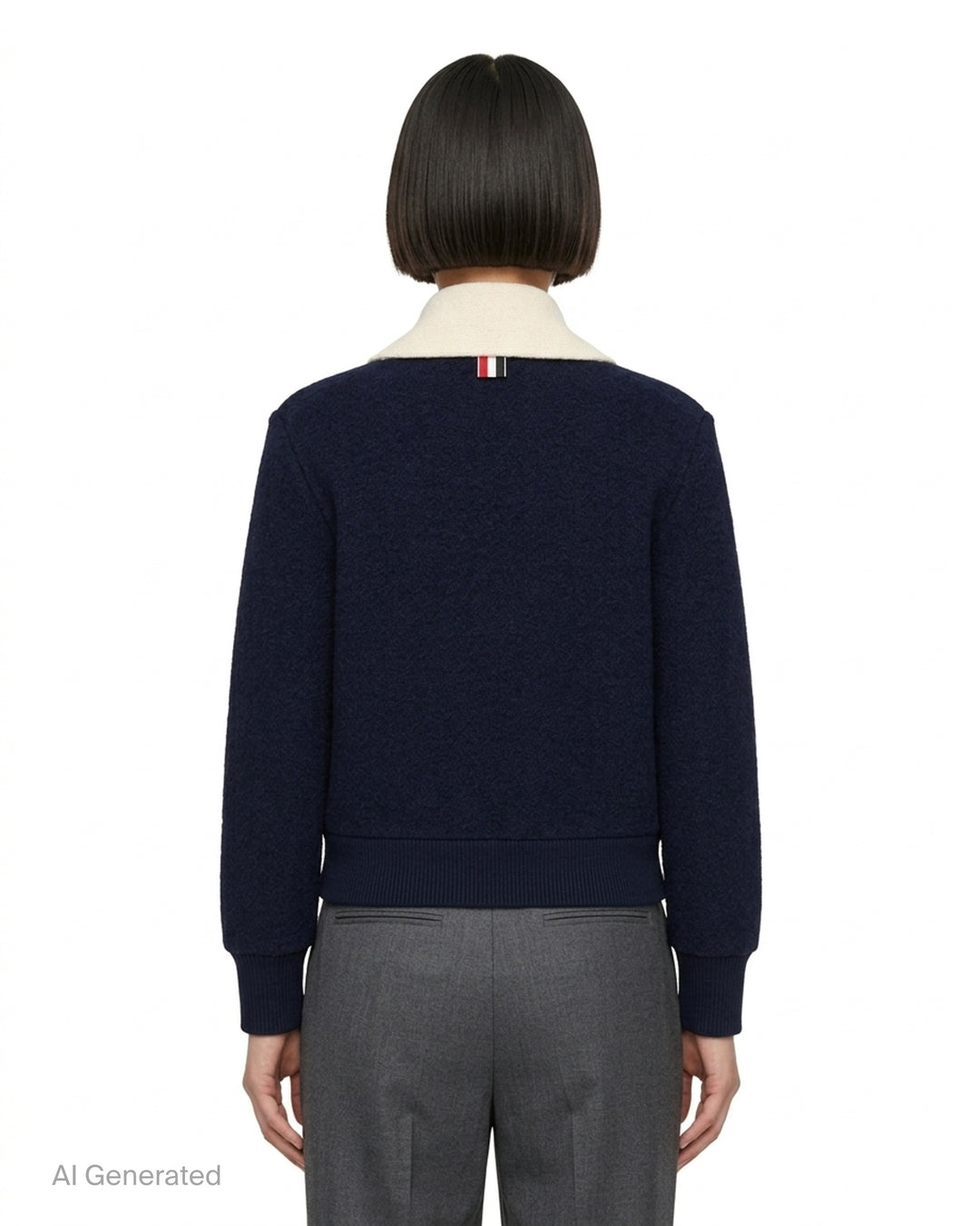 Thom Browne navy wool cardigan jacket with cream ribbed shawl collar, contrast button placket and woven label at the hem - back