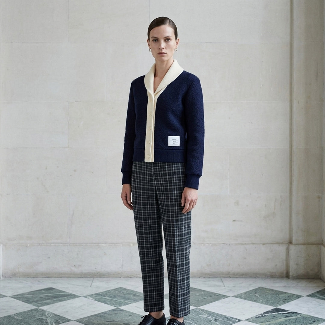 Thom Browne navy wool cardigan jacket with cream ribbed shawl collar, contrast button placket and woven label at the hem - lifestyle