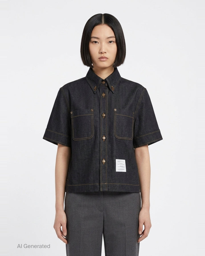 Short Sleeve Denim Button Down Shirt | Thom Browne | Club21 - front
