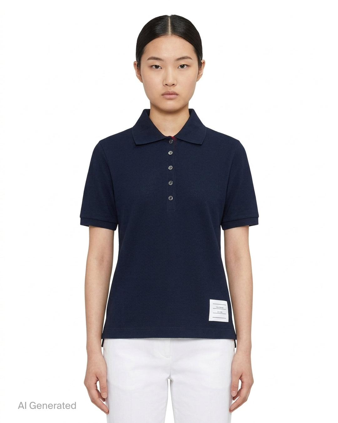 Thom Browne Short Sleeve Rib Cuff Polo in light blue piqué cotton with spread collar, four-button placket and signature stripe grosgrain tab - front