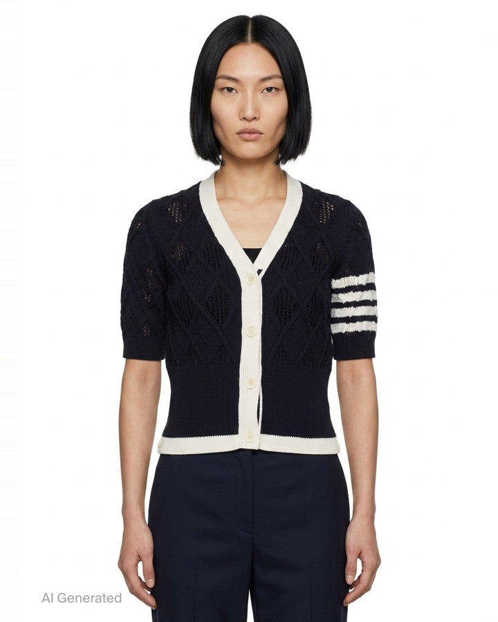 Short Sleeve V-Neck Cardigan | Thom Browne | Club21 - front