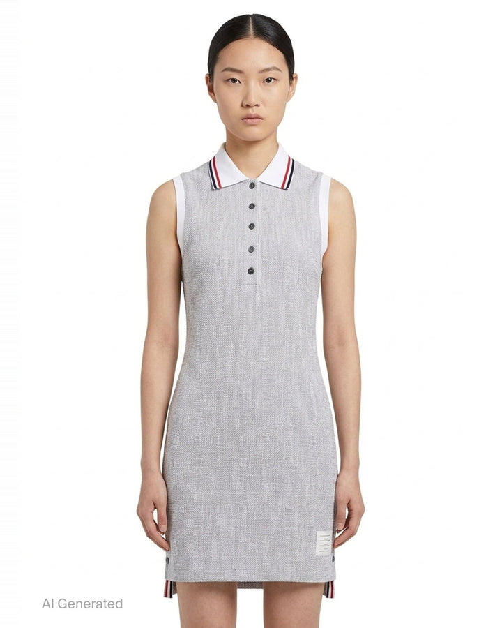 Thom Browne sleeveless polo dress in light blue bouclé with white collar featuring red, white, and blue stripe tipping, button placket, and signature 4-bar stripe at the hem - front