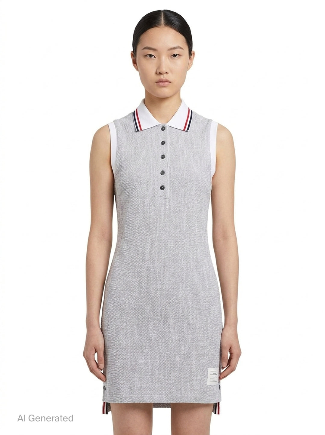 Thom Browne sleeveless polo dress in light blue bouclé with white collar featuring red, white, and blue stripe tipping, button placket, and signature 4-bar stripe at the hem - front