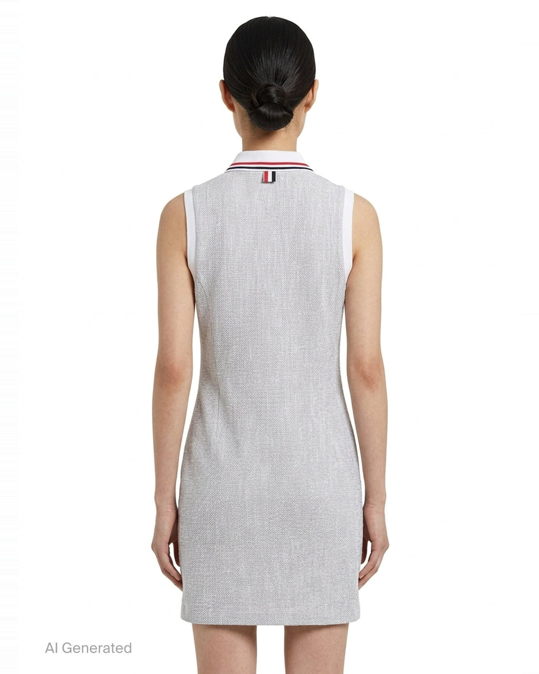 Thom Browne sleeveless polo dress in light blue bouclé with white collar featuring red, white, and blue stripe tipping, button placket, and signature 4-bar stripe at the hem - back