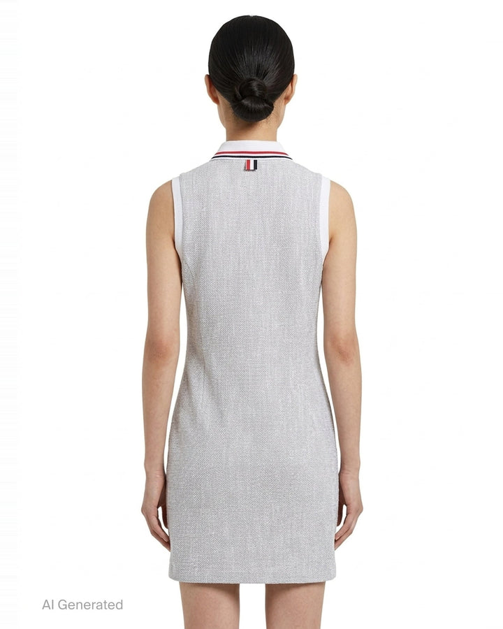 Thom Browne sleeveless polo dress in light blue bouclé with white collar featuring red, white, and blue stripe tipping, button placket, and signature 4-bar stripe at the hem - back