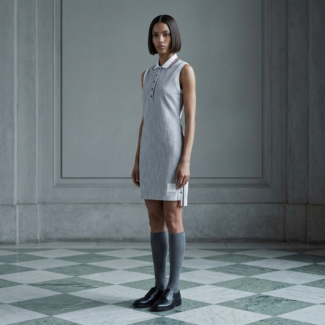 Thom Browne sleeveless polo dress in light blue bouclé with white collar featuring red, white, and blue stripe tipping, button placket, and signature 4-bar stripe at the hem - lifestyle