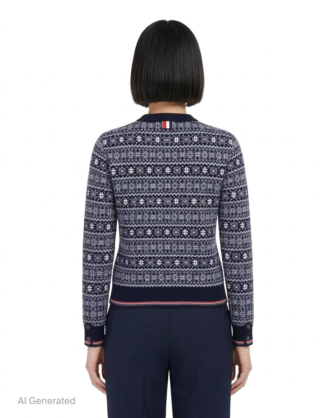 Thom Browne snowflake Fair Isle cardigan with crew neckline, button front and red, white and blue tipped ribbed hem and cuffs - back