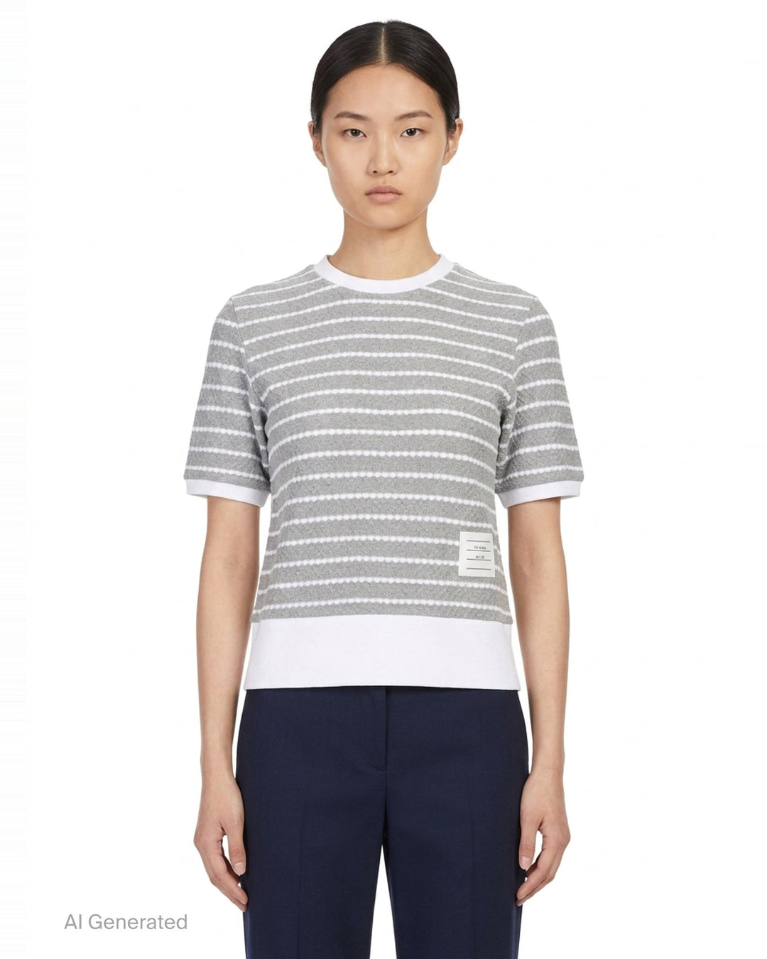 Thom Browne grey and white horizontal stripe rib short sleeve tee with contrast white crew neck, cuff, and hem trims, and a woven Thom Browne New York label at the front - front