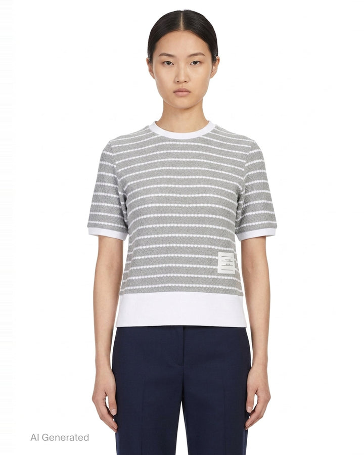 Thom Browne grey and white horizontal stripe rib short sleeve tee with contrast white crew neck, cuff, and hem trims, and a woven Thom Browne New York label at the front - front