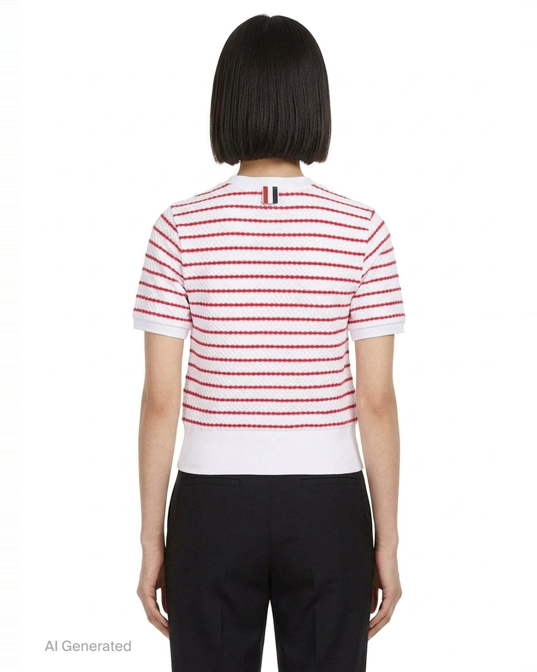 Thom Browne grey and white horizontal stripe rib short sleeve tee with contrast white crew neck, cuff, and hem trims, and a woven Thom Browne New York label at the front - back