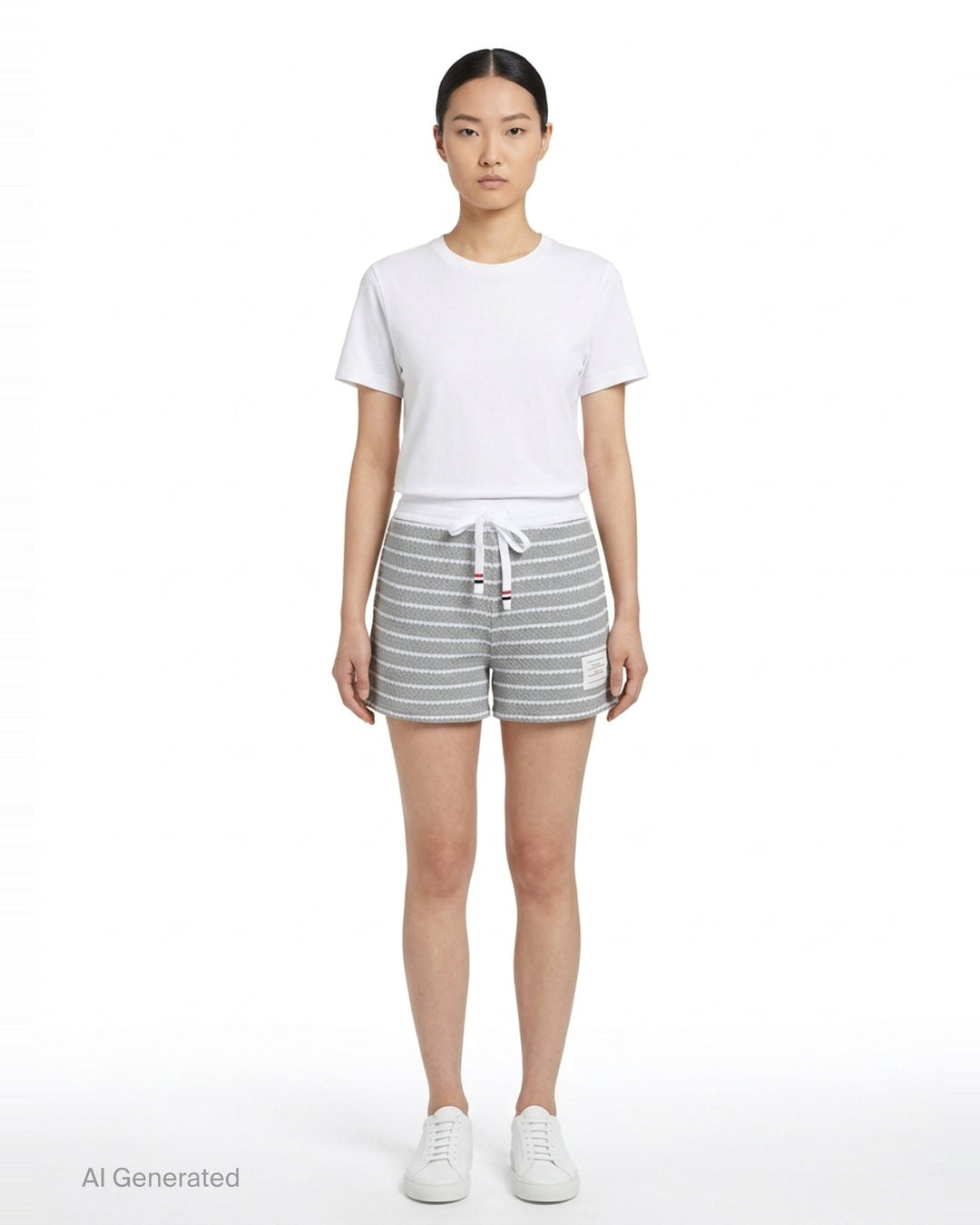 Thom Browne grey and white striped honeycomb-textured knit shorts with white ribbed waistband, drawstring tie with stripe detail, and woven brand label at hem - front