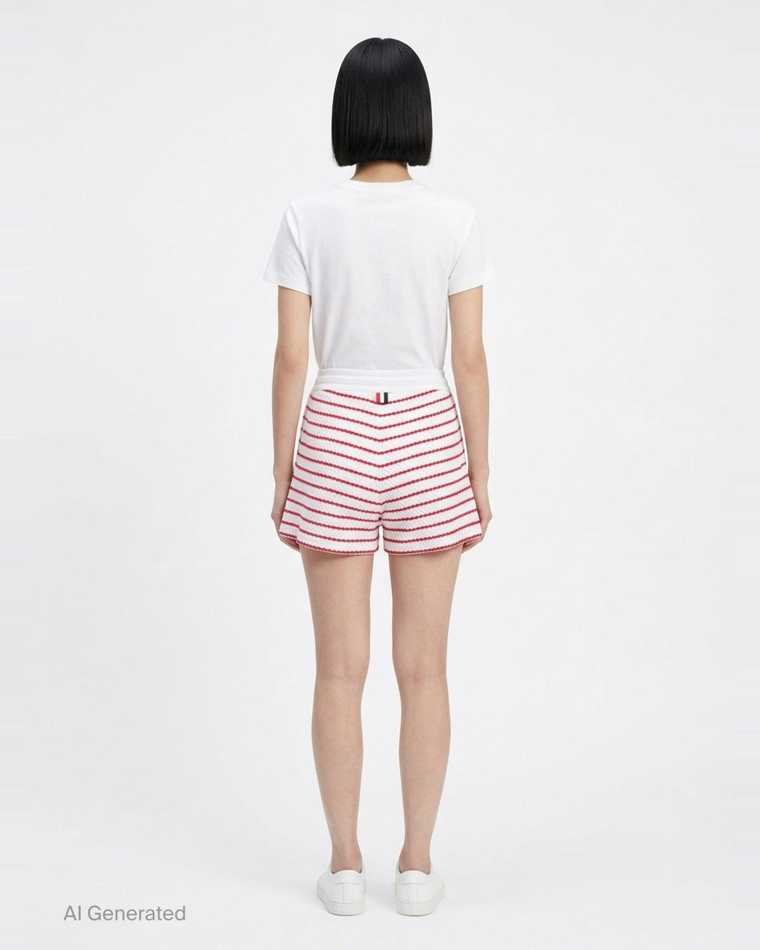 Thom Browne grey and white striped honeycomb-textured knit shorts with white ribbed waistband, drawstring tie with stripe detail, and woven brand label at hem - back