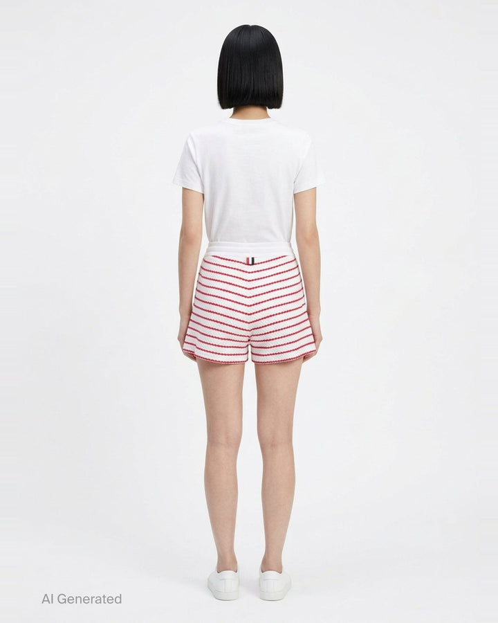 Thom Browne grey and white striped honeycomb-textured knit shorts with white ribbed waistband, drawstring tie with stripe detail, and woven brand label at hem - back