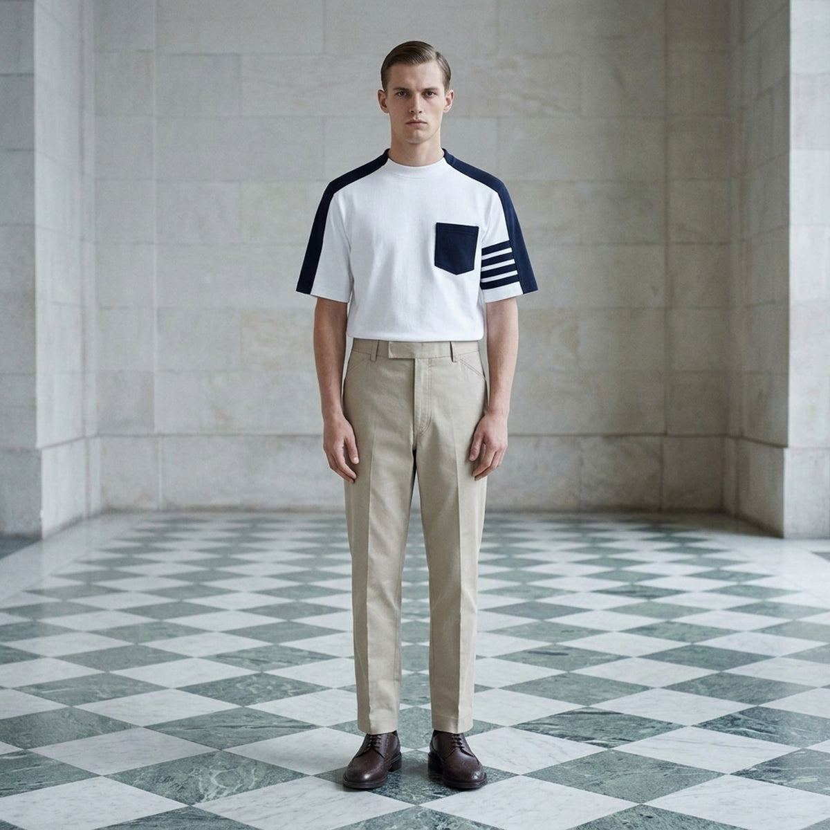 Thom Browne tapered wrinkle-resistant chinos in dark navy, displayed flat with a high-rise waistband, tapered leg, and cropped hem - lifestyle