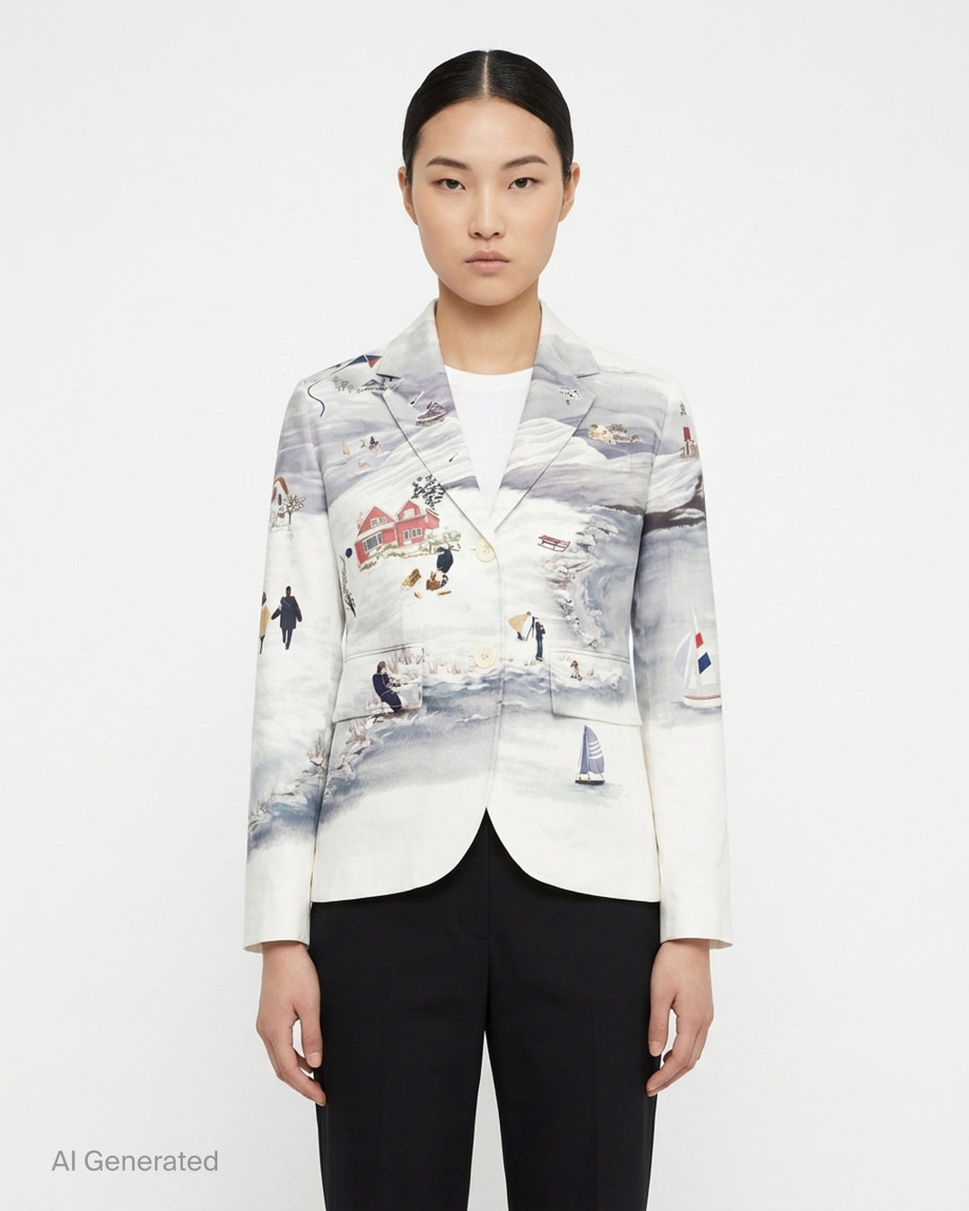 Thom Browne high armhole sportcoat with an all-over illustrated winter village print featuring cottages, sailboats and figures in the snow - front