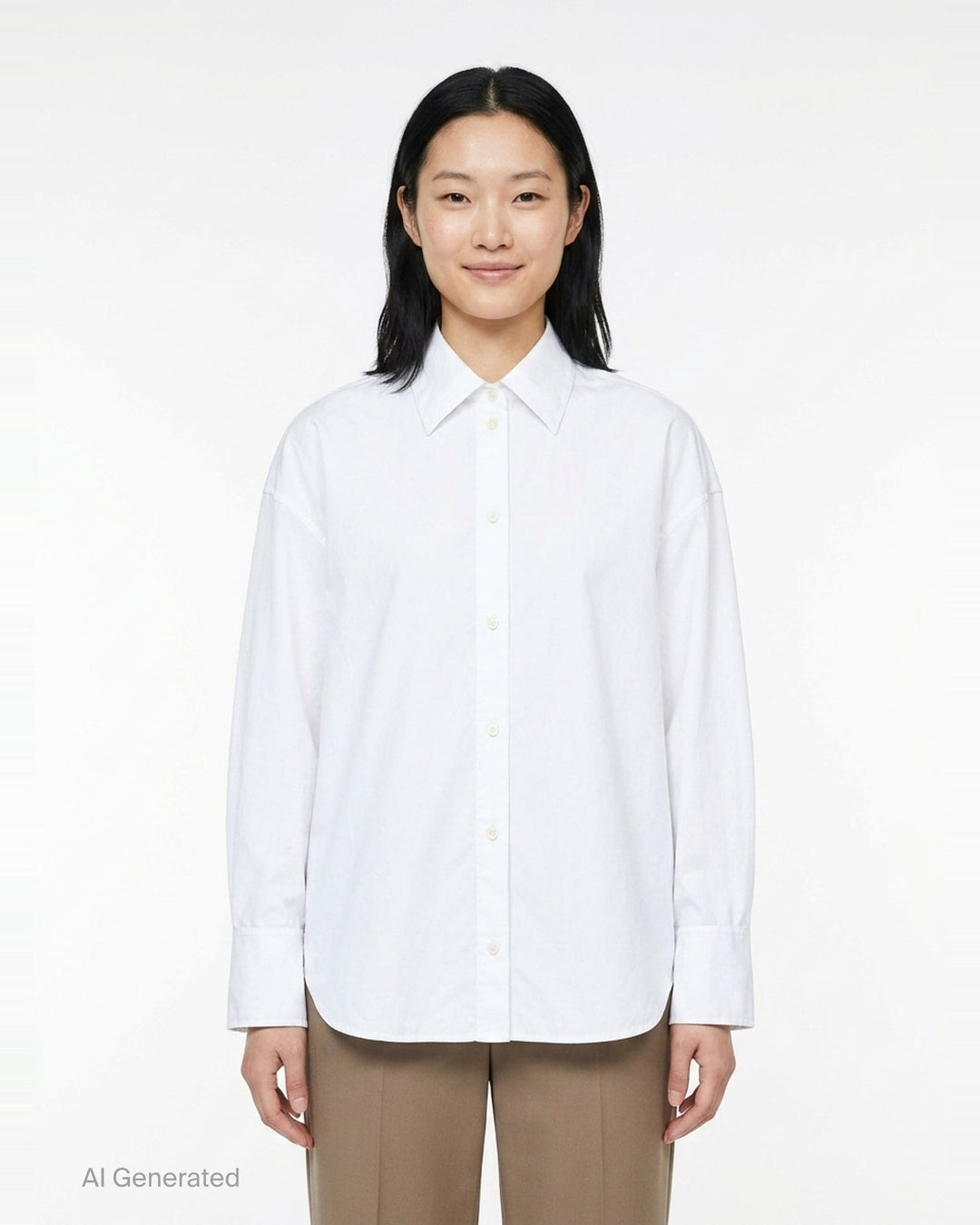 Totême Boxy Poplin Shirt in white, featuring a pointed collar with woven monogram label, full button fastening, long sleeves with barrel cuffs, and a relaxed oversized silhouette - front