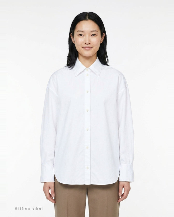 Totême Boxy Poplin Shirt in white, featuring a pointed collar with woven monogram label, full button fastening, long sleeves with barrel cuffs, and a relaxed oversized silhouette - front