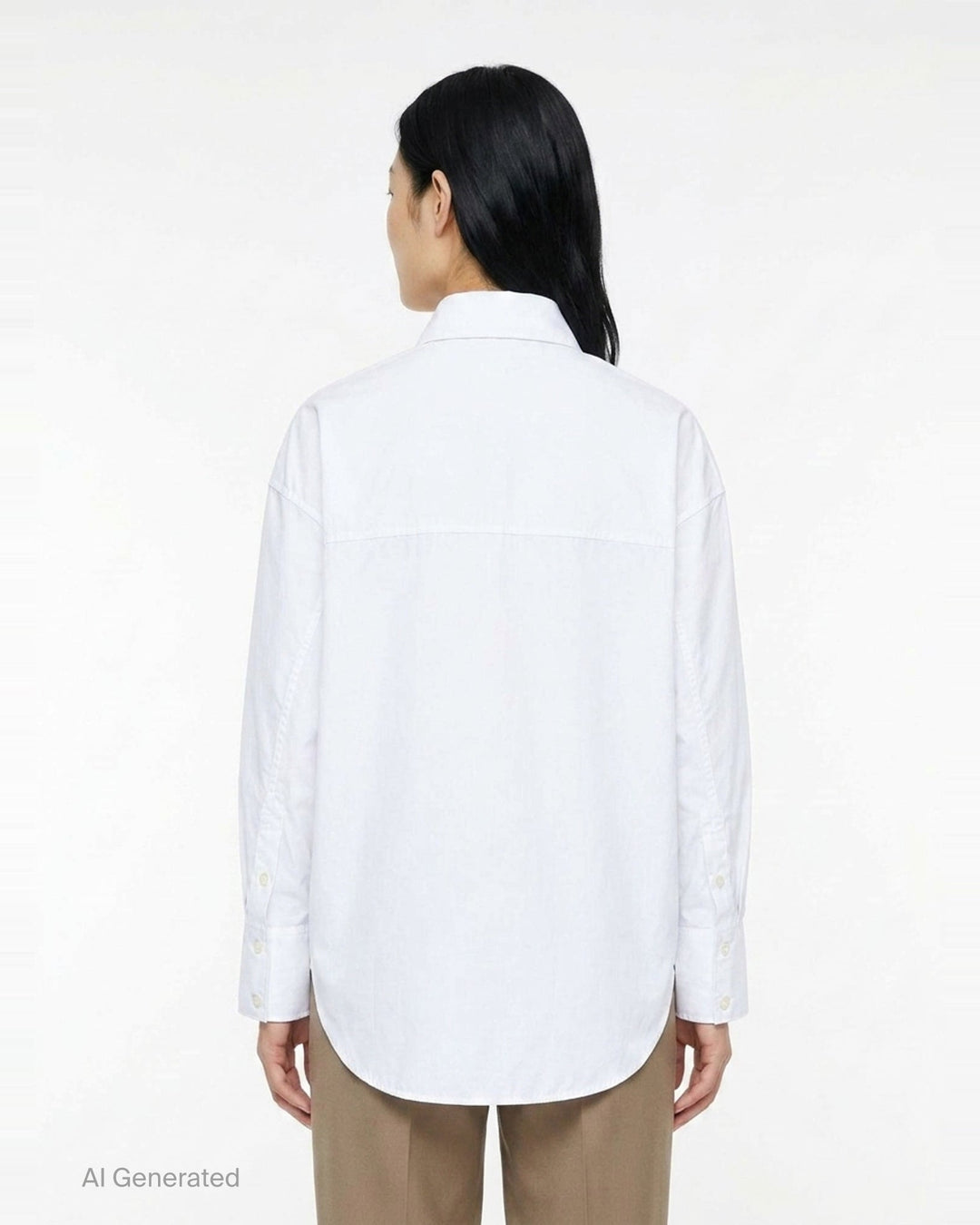 Totême Boxy Poplin Shirt in white, featuring a pointed collar with woven monogram label, full button fastening, long sleeves with barrel cuffs, and a relaxed oversized silhouette - back