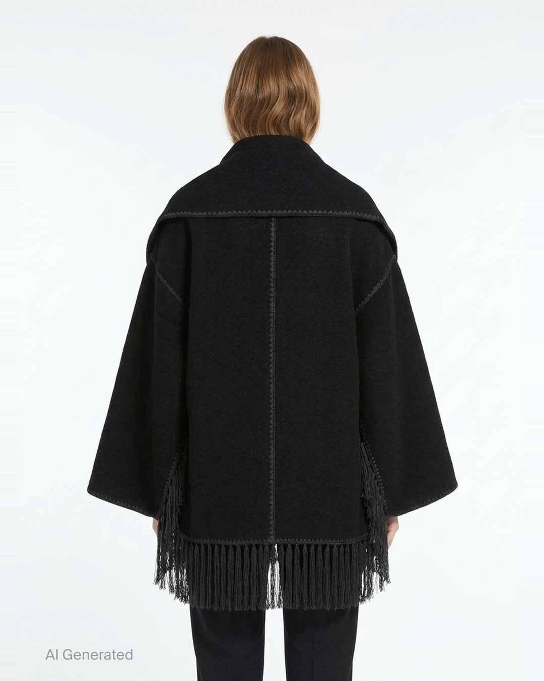 Toteme Embroidered Scarf Jacket in black wool with tonal whipstitch trim, snap-button placket, patch pocket, and long fringe tassel hem — flat lay on white background - back