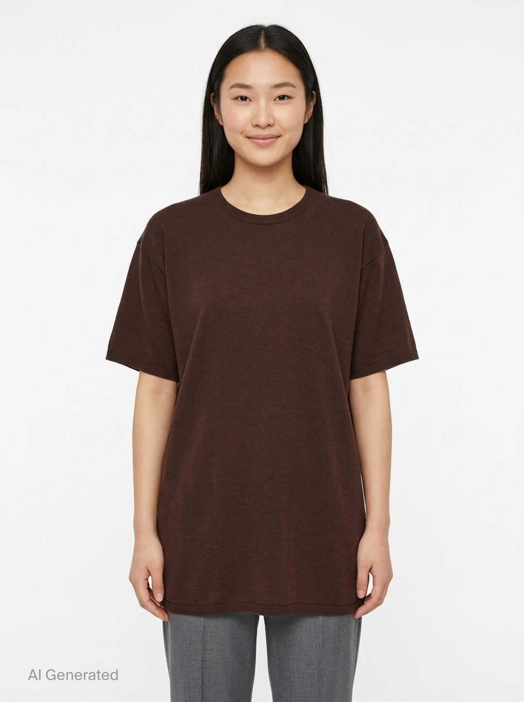Totême Knit Short Sleeve Tee in chocolate brown, featuring an oversized silhouette, ribbed crew neck and cuffs, and elongated body - front