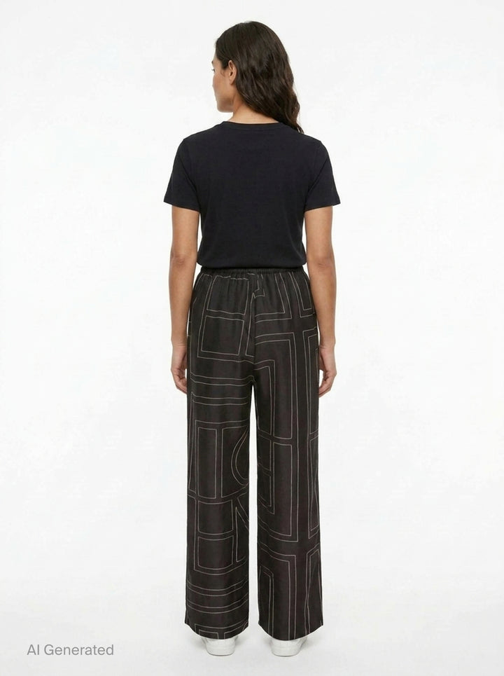 Toteme Monogram Silk Pyjama Pants in black with all-over contrast white stitched geometric panel print and elasticated waistband, wide-leg silhouette, flat lay view - back