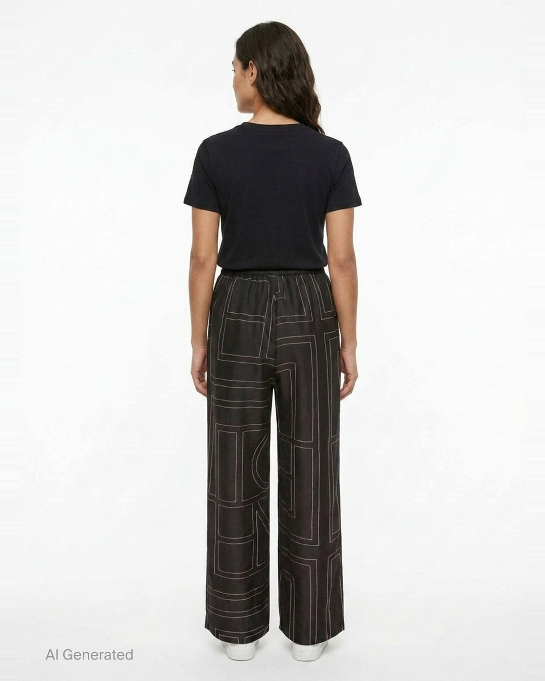 Toteme Monogram Silk Pyjama Pants in black with all-over contrast white stitched geometric panel print and elasticated waistband, wide-leg silhouette, flat lay view - back