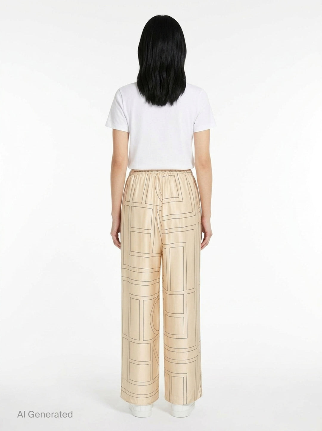 Totême Monogram Silk Pyjama Pants in champagne beige, featuring an all-over geometric monogram outline print, wide-leg silhouette, and elasticated waistband, displayed flat on a white background - back
