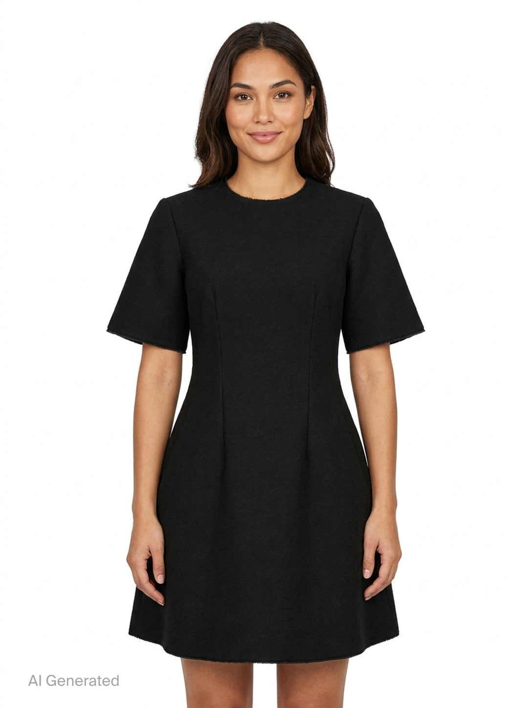 Totême Sculptural Short Dress in black — A-line silhouette with structured vertical seaming, short sleeves with frayed trim, and concealed back zip closure - front