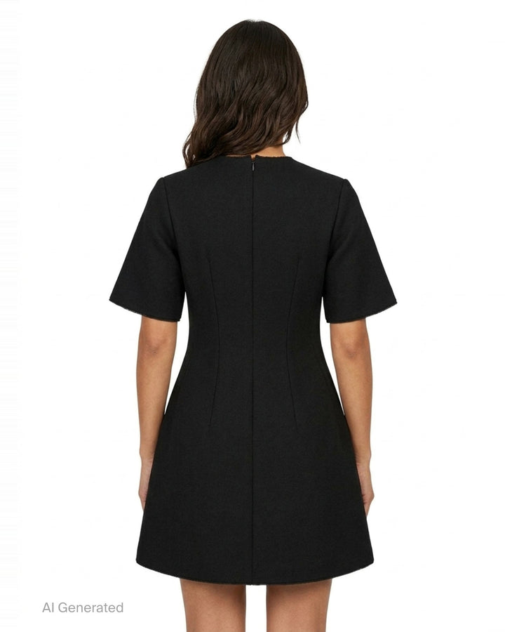 Totême Sculptural Short Dress in black — A-line silhouette with structured vertical seaming, short sleeves with frayed trim, and concealed back zip closure - back