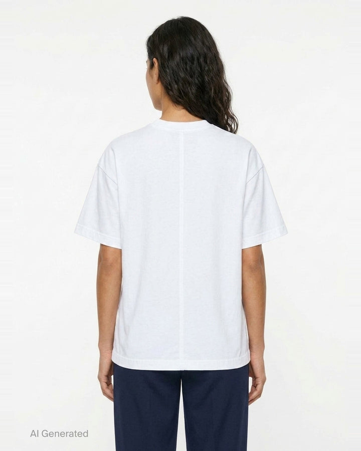 Totême Slouch Waist Jersey Top in white, featuring an oversized dropped-shoulder silhouette, centre-front seam, crew neckline, and short sleeves with folded cuffs, photographed flat on a white background - back