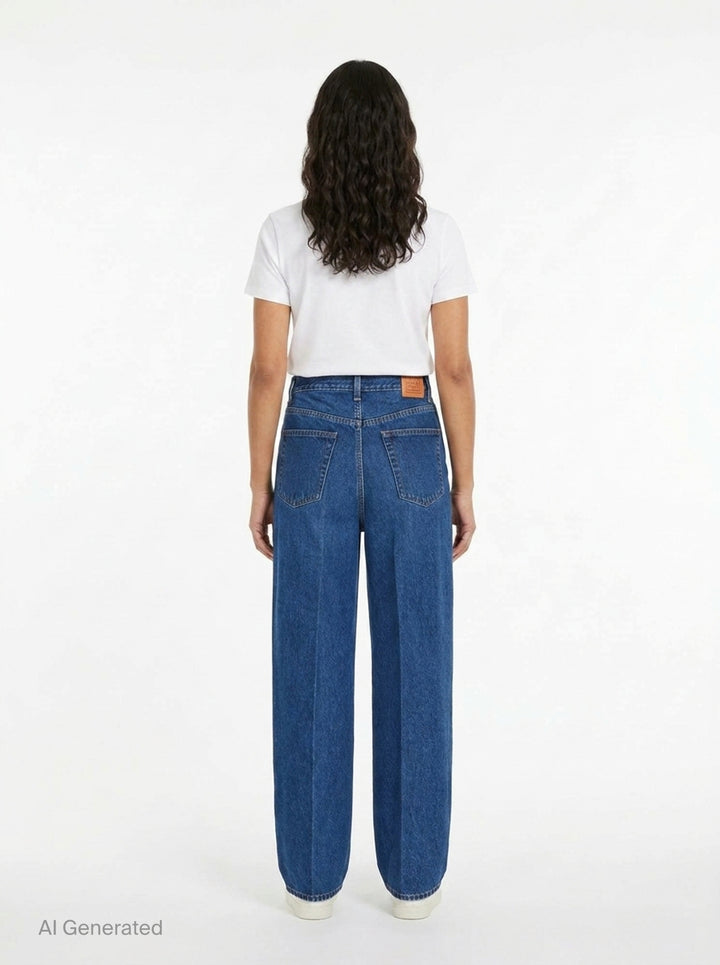 Totême Wide Leg Jeans in mid-blue wash with high-rise waist, five-pocket construction, contrast orange topstitching, and a relaxed wide leg silhouette - back
