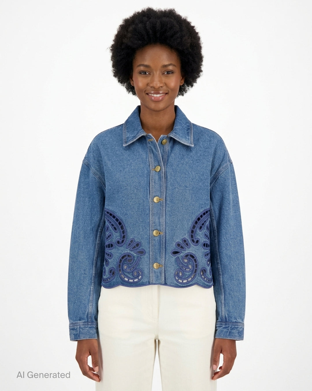 Ulla Johnson Bobbi cropped denim jacket in washed blue with navy eyelet cutwork at the hem and gold-tone buttons - front