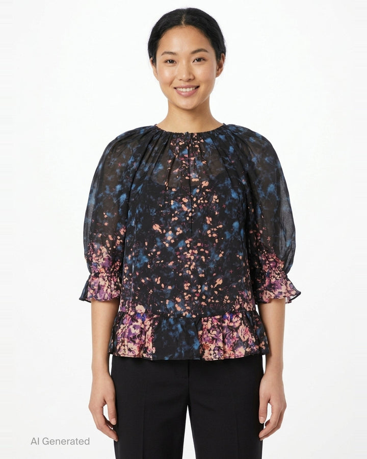 Ulla Johnson Elise short sleeve silk blouse in a dark-ground painterly floral print with voluminous puff sleeves, smocked ruffle cuffs, and a tiered ruffle hem - front