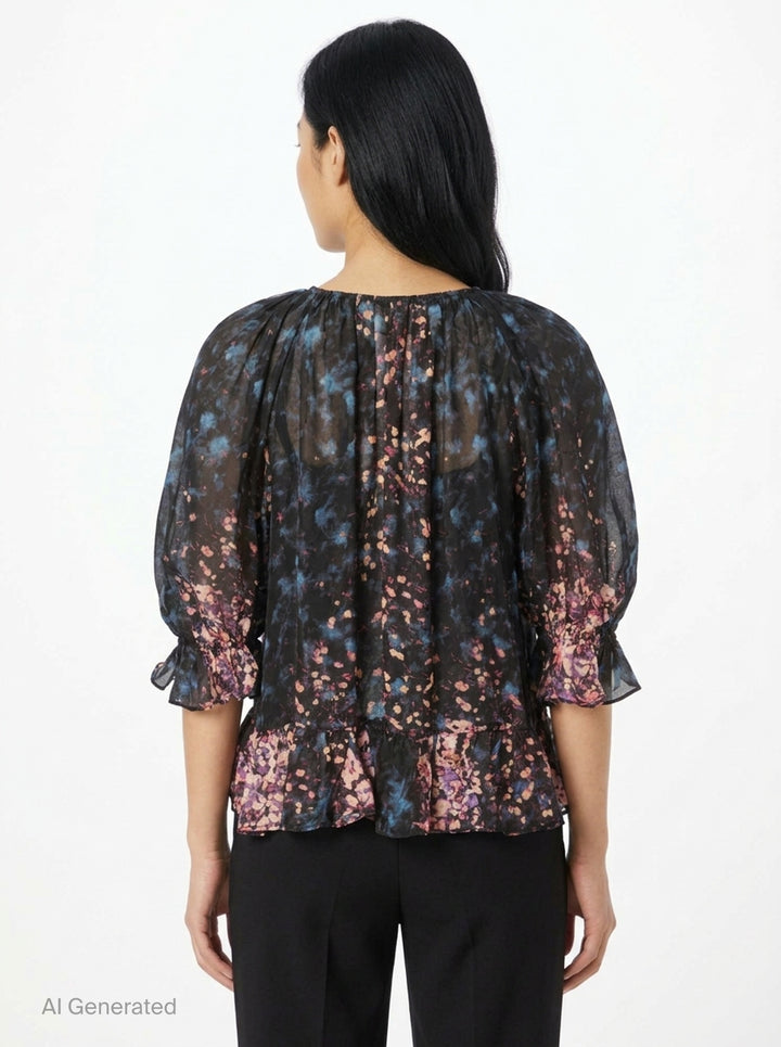 Ulla Johnson Elise short sleeve silk blouse in a dark-ground painterly floral print with voluminous puff sleeves, smocked ruffle cuffs, and a tiered ruffle hem - back