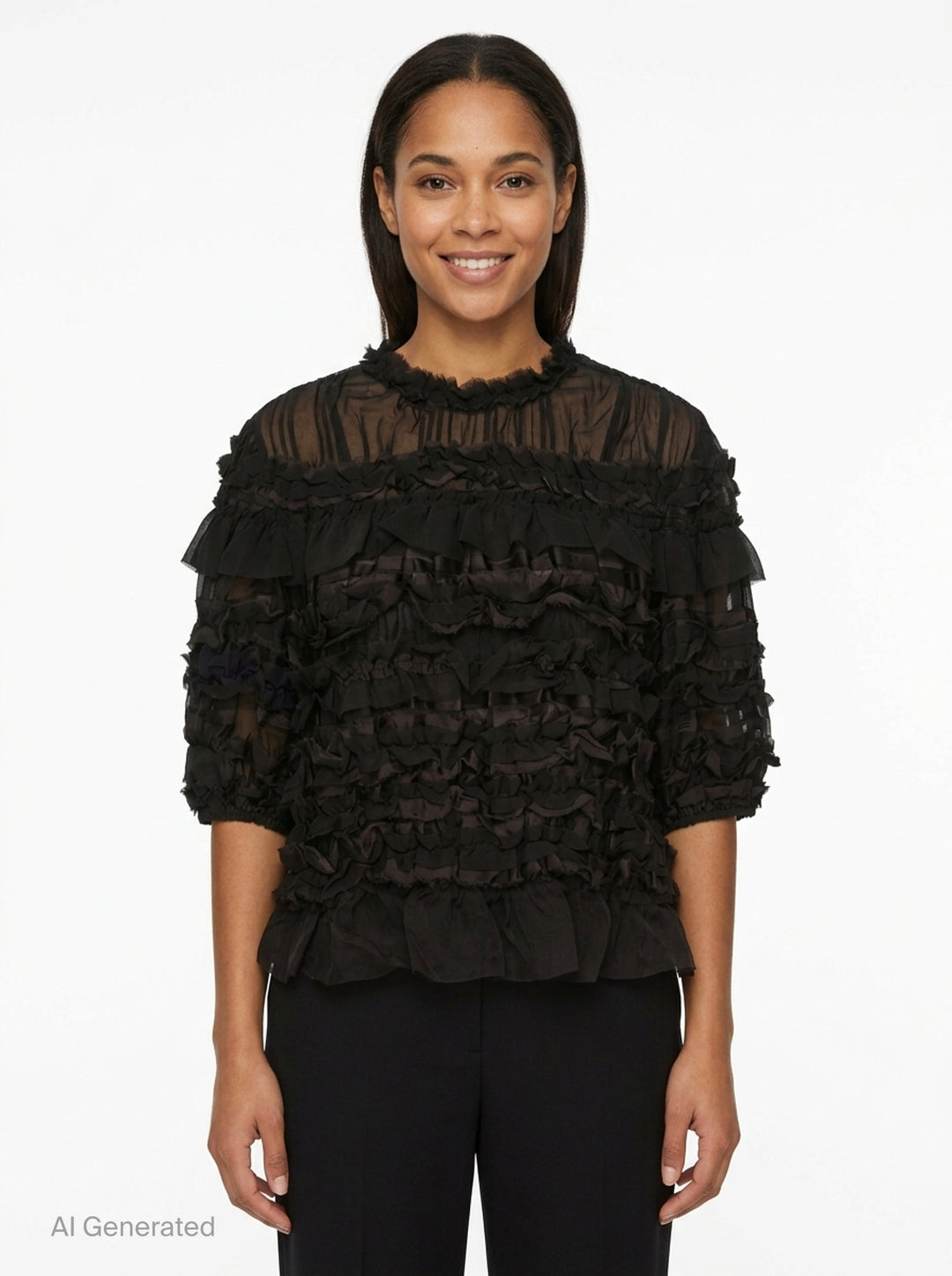 Ulla Johnson Mabel Short Sleeve Silk Top in black — sheer silk with cascading tiered ruffles, frayed collar trim, and puffed short sleeves - front