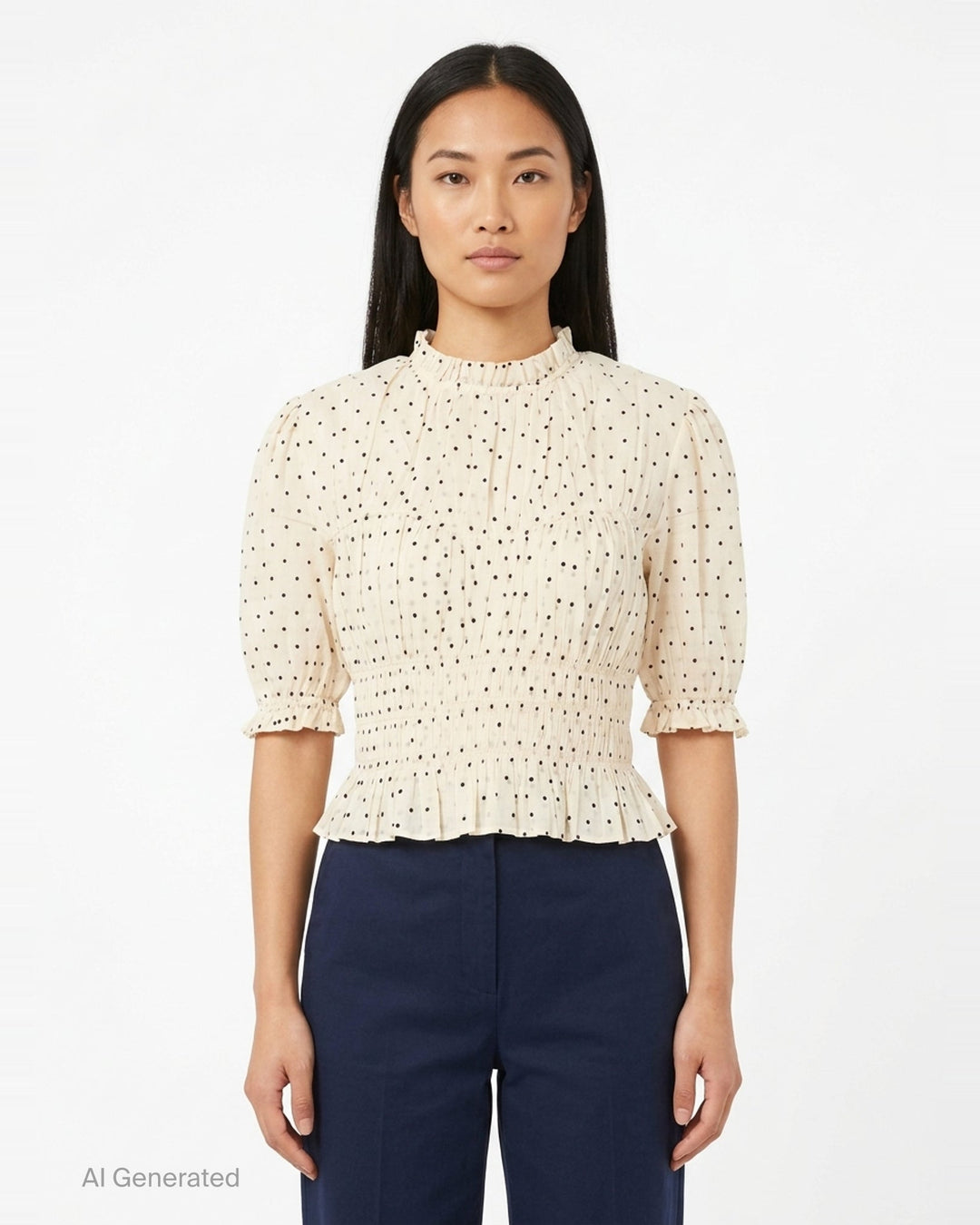 Ulla Johnson Rae short sleeve cotton top in ivory with black polka dots, featuring a ruffled high neckline, puffed sleeves with ruffle cuffs, smocked bodice, and a cropped peplum hem - front