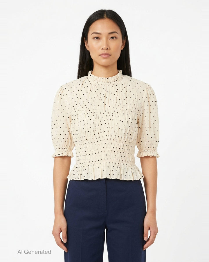 Ulla Johnson Rae short sleeve cotton top in ivory with black polka dots, featuring a ruffled high neckline, puffed sleeves with ruffle cuffs, smocked bodice, and a cropped peplum hem - front