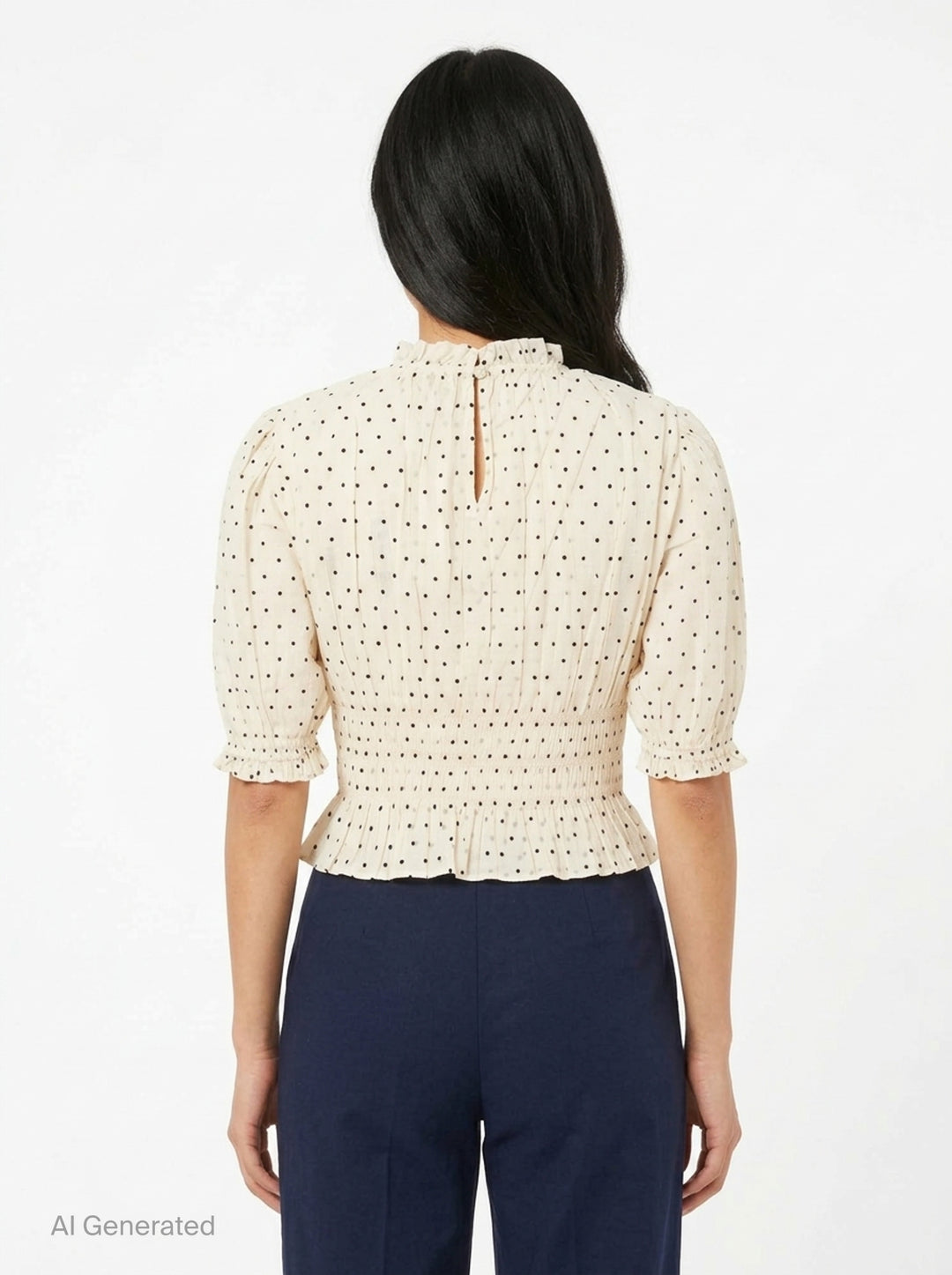 Ulla Johnson Rae short sleeve cotton top in ivory with black polka dots, featuring a ruffled high neckline, puffed sleeves with ruffle cuffs, smocked bodice, and a cropped peplum hem - back