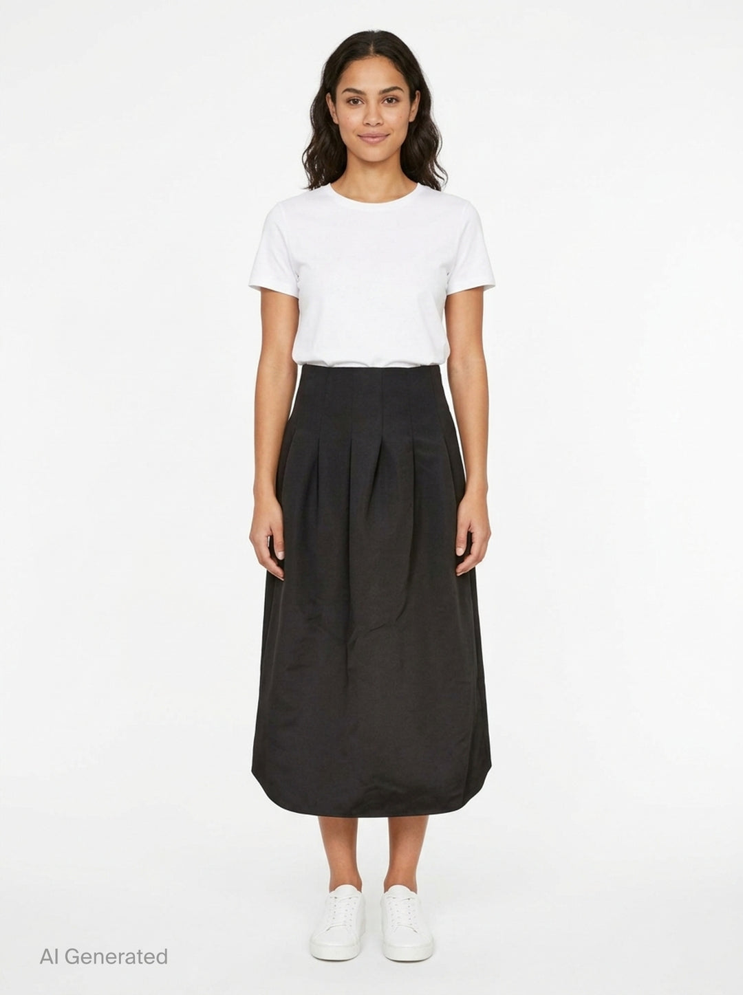 Ulla Johnson Delara Satin Midi Skirt in black, featuring a high waist, deep front pleats, and a voluminous tulip-shaped hem - front