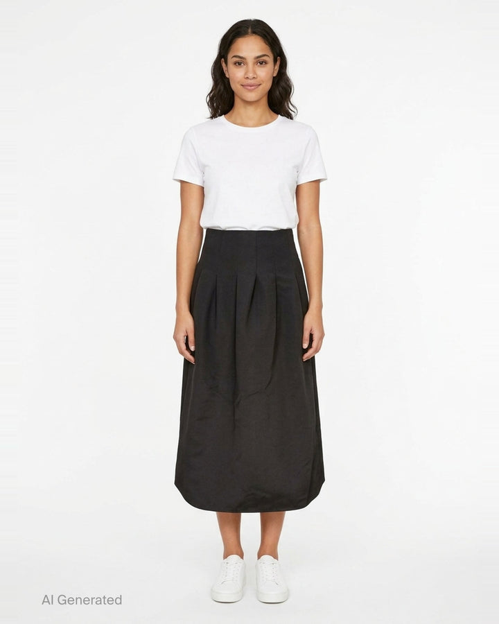 Ulla Johnson Delara Satin Midi Skirt in black, featuring a high waist, deep front pleats, and a voluminous tulip-shaped hem - front