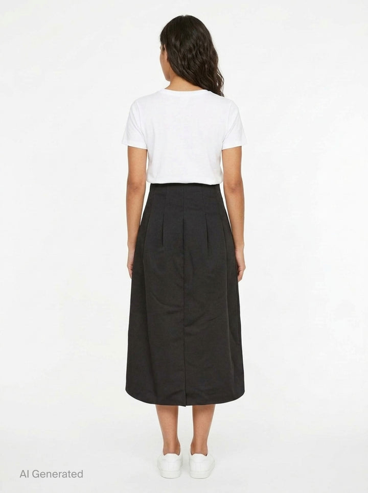 Ulla Johnson Delara Satin Midi Skirt in black, featuring a high waist, deep front pleats, and a voluminous tulip-shaped hem - back