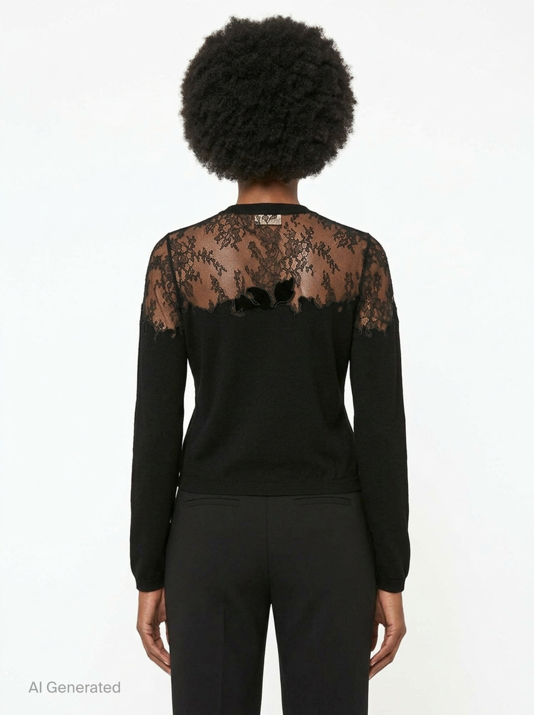 Ulla Johnson Talia Lace Cardigan in black, featuring a sheer floral embroidered lace yoke and shoulder panelling over a fine knit body with button-front closure and long sleeves - back