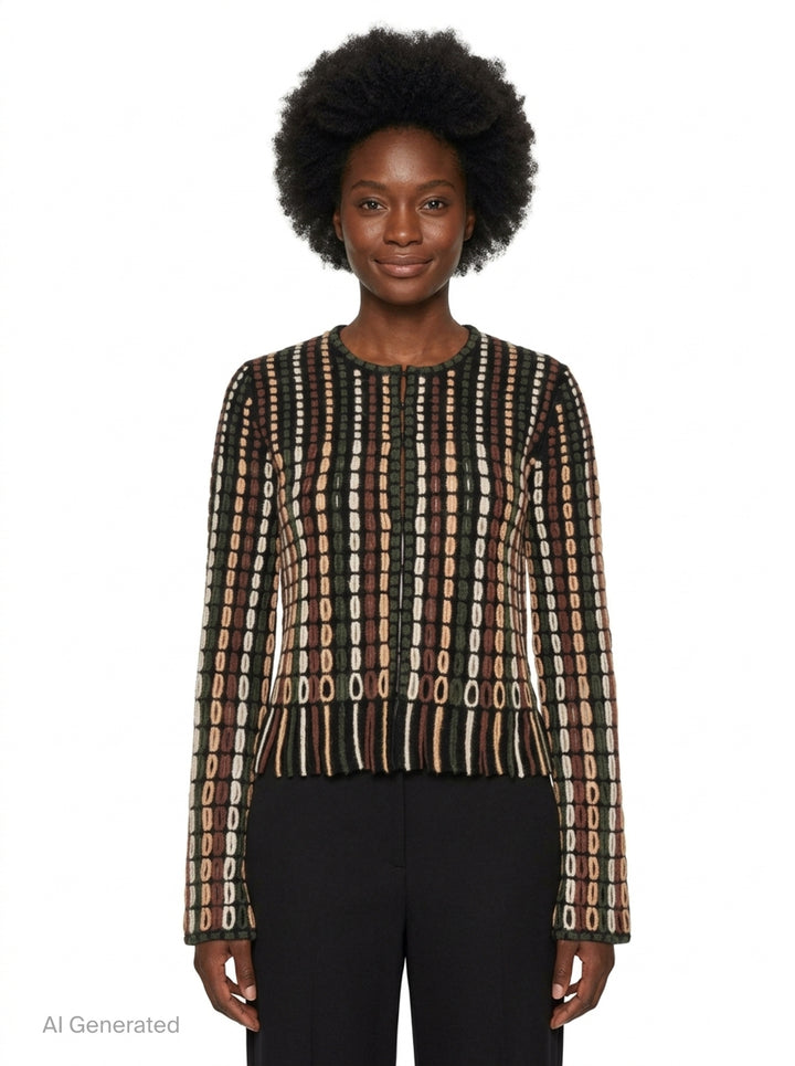 Ulla Johnson Zora Knit Cardigan with allover multicolour oval-stitch jacquard pattern in green, rust, cream, and blush on black, featuring a front zip closure, fringe hem, and long sleeves - front