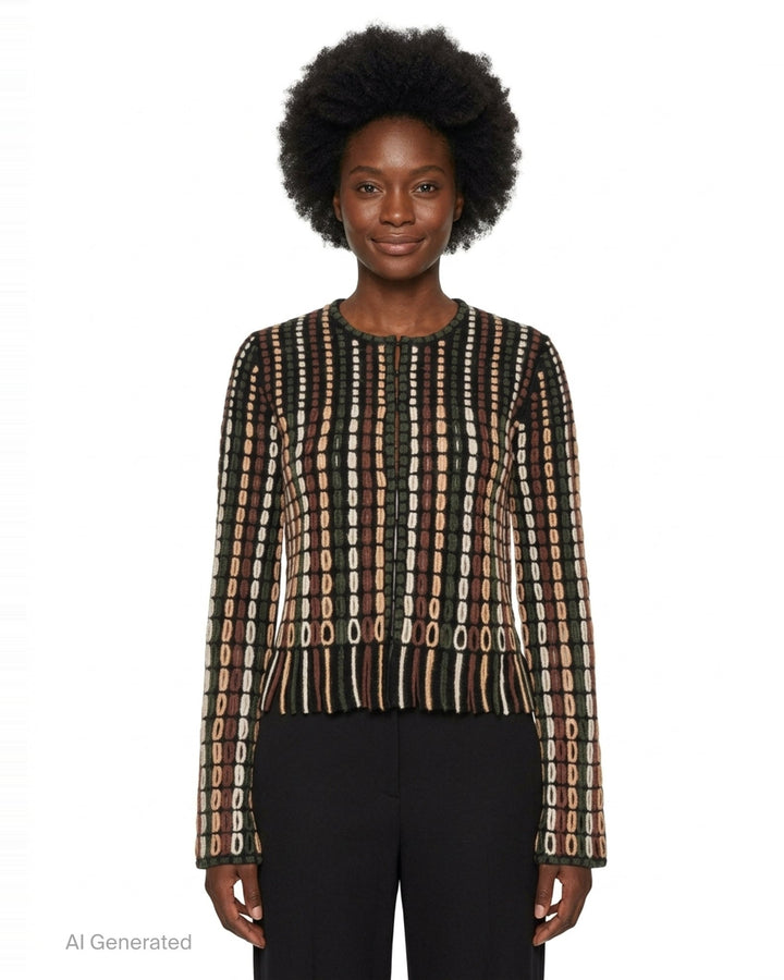 Ulla Johnson Zora Knit Cardigan with allover multicolour oval-stitch jacquard pattern in green, rust, cream, and blush on black, featuring a front zip closure, fringe hem, and long sleeves - front
