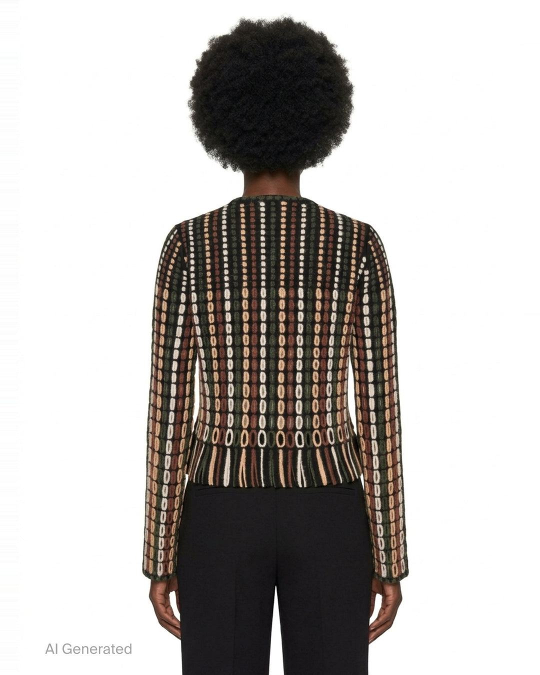 Ulla Johnson Zora Knit Cardigan with allover multicolour oval-stitch jacquard pattern in green, rust, cream, and blush on black, featuring a front zip closure, fringe hem, and long sleeves - back