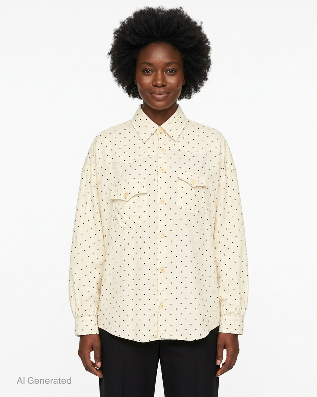 Undercover Asymmetrical Polka Dot Blouse in cream with black dots, featuring western yoke, flap chest pockets and button-down front - front