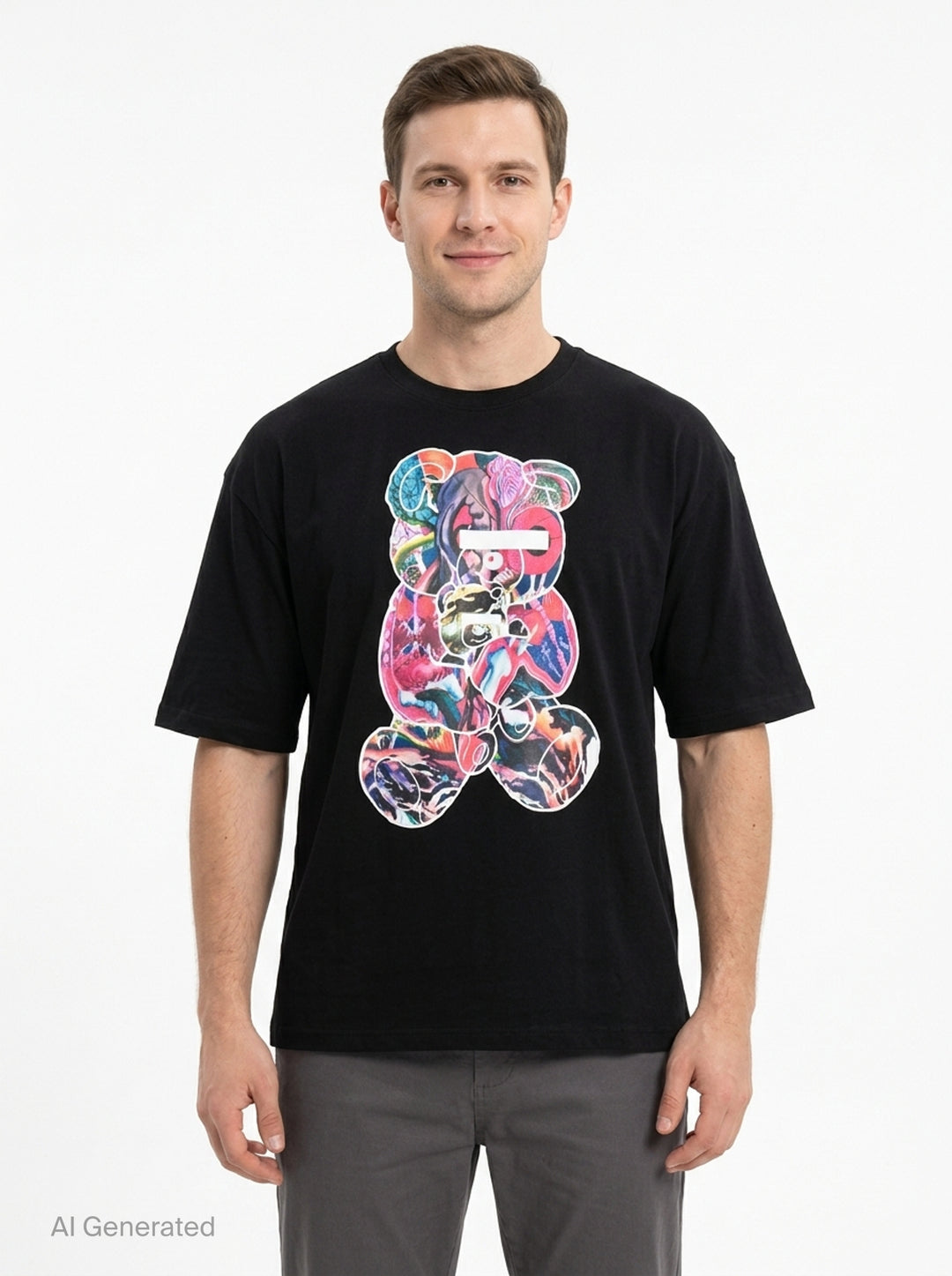 Undercover Bear Print Tee in black, featuring an oversized collage-style multicolour teddy bear graphic on the chest, laid flat on a white background - front